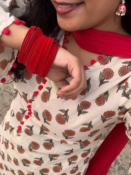Ornate Off White Cotton Kurti Palazzo Dupatta Set for Summer Wear at Wholesale Rate Printed Kurtis