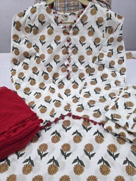 Ornate Off White Cotton Kurti Palazzo Dupatta Set for Summer Wear at Wholesale Rate Printed Kurtis