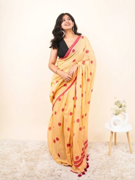 Ornate Orange Premium Linen Cotton Digital Printed Saree at Wholesale Rate 