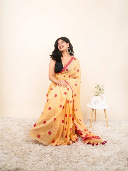 Ornate Orange Premium Linen Cotton Digital Printed Saree at Wholesale Rate Printed Cotton Sarees Wholesale