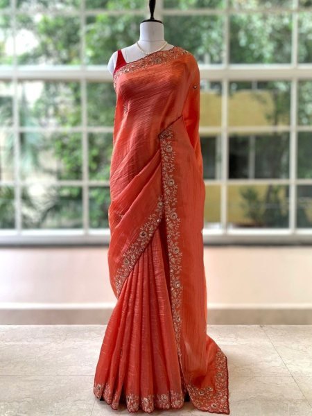 Ornate Orange Soft Gold Crush Saree with Cotton Thread Embroidery For Wedding Sarees 