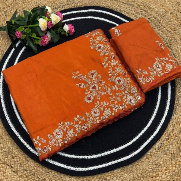 Ornate Orange Soft Gold Crush Saree with Cotton Thread Embroidery For Wedding Embroidery Sarees Wholesale