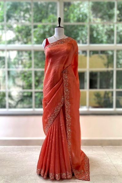 Ornate Orange Soft Gold Crush Saree with Cotton Thread Embroidery For Wedding Embroidery Sarees Wholesale