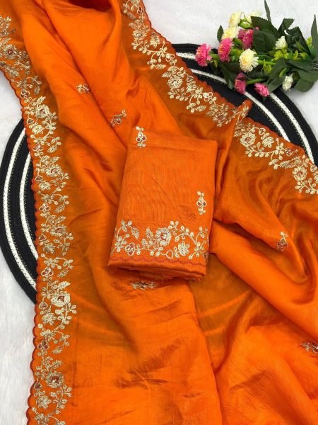 Ornate Orange Soft Gold Crush Saree with Cotton Thread Embroidery For Wedding Embroidery Sarees Wholesale