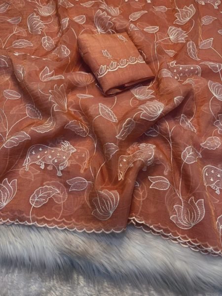 Ornate Orange Soft Gold Crush Saree with Heavy Embroidery for Women Cotton Sarees Wholesale