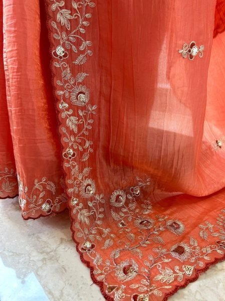 Ornate Orange Soft Gold Crush Saree with Cotton Thread Embroidery For Wedding Embroidery Sarees Wholesale