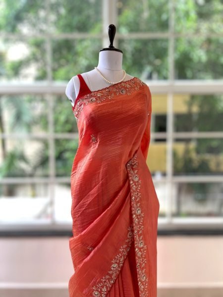 Ornate Orange Soft Gold Crush Saree with Cotton Thread Embroidery For Wedding Embroidery Sarees Wholesale