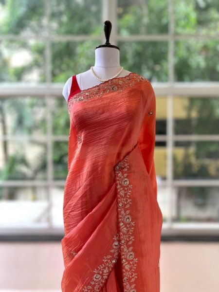 Ornate Orange Soft Gold Crush Saree with Cotton Thread Embroidery For Wedding Embroidery Sarees Wholesale