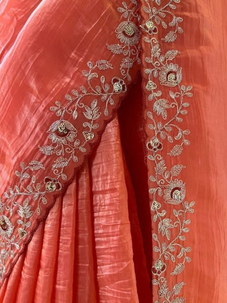 Ornate Orange Soft Gold Crush Saree with Cotton Thread Embroidery For Wedding Embroidery Sarees Wholesale