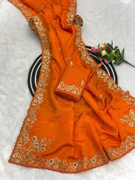 Ornate Orange Soft Gold Crush Saree with Cotton Thread Embroidery For Wedding Embroidery Sarees Wholesale