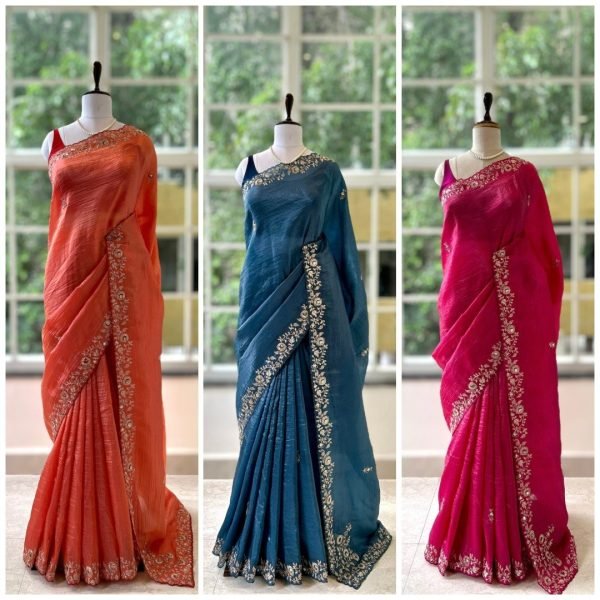 Ornate Orange Soft Gold Crush Saree with Cotton Thread Embroidery For Wedding Embroidery Sarees Wholesale