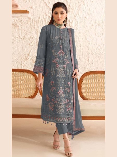 Ornate Pakistani Style Grey Salwar Kameez with Pink Embroidery  Salwar Kameez