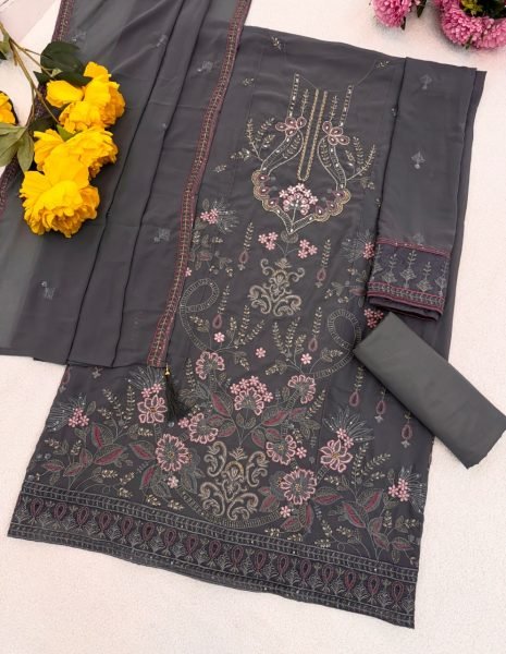 Ornate Pakistani Style Grey Salwar Kameez with Pink Embroidery  Pakistani Suits Wholesale