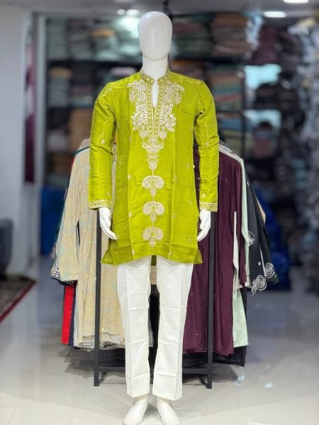 Ornate Parrot Green Designer Roman Glass Kurta Pant Set for Men Mens Wear