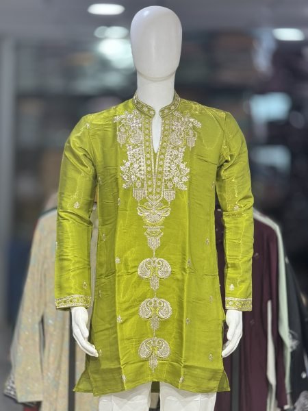 Ornate Parrot Green Designer Roman Glass Kurta Pant Set for Men Kurta Pajama Wholesale