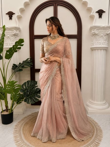 Ornate Peach Designer Tissue Salsa Crush Saree with Heavy Thread and Sequins Work Sarees 
