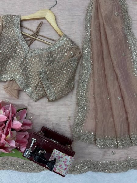 Ornate Peach Designer Tissue Salsa Crush Saree with Heavy Thread and Sequins Work Designer Wedding Sarees Wholesale