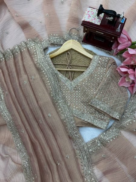 Ornate Peach Designer Tissue Salsa Crush Saree with Heavy Thread and Sequins Work Designer Wedding Sarees Wholesale