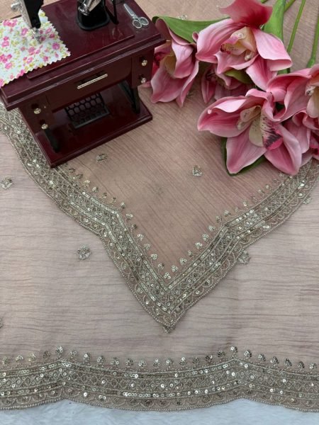 Ornate Peach Designer Tissue Salsa Crush Saree with Heavy Thread and Sequins Work Designer Wedding Sarees Wholesale