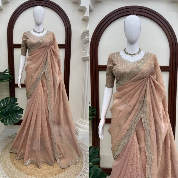 Ornate Peach Designer Tissue Salsa Crush Saree with Heavy Thread and Sequins Work Designer Wedding Sarees Wholesale