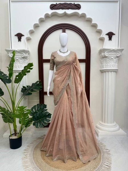 Ornate Peach Designer Tissue Salsa Crush Saree with Heavy Thread and Sequins Work Designer Wedding Sarees Wholesale