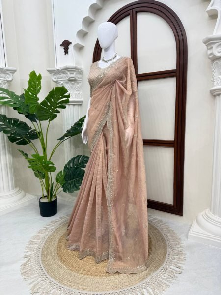Ornate Peach Designer Tissue Salsa Crush Saree with Heavy Thread and Sequins Work Designer Wedding Sarees Wholesale