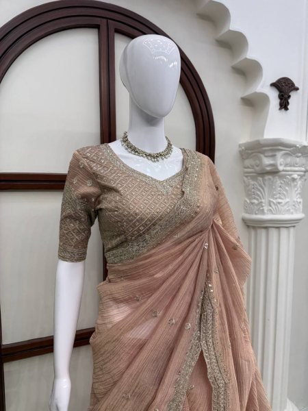 Ornate Peach Designer Tissue Salsa Crush Saree with Heavy Thread and Sequins Work Designer Wedding Sarees Wholesale
