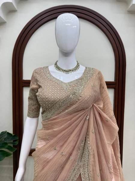 Ornate Peach Designer Tissue Salsa Crush Saree with Heavy Thread and Sequins Work Designer Wedding Sarees Wholesale