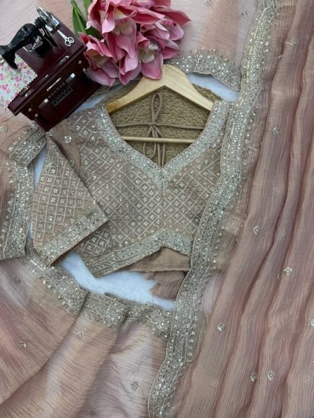 Ornate Peach Designer Tissue Salsa Crush Saree with Heavy Thread and Sequins Work Designer Wedding Sarees Wholesale