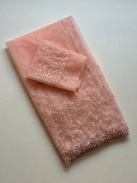 Ornate Peach Soft Net Saree with Heavy Sequins and Beads Work for Wedding Wear Embroidery Sarees Wholesale