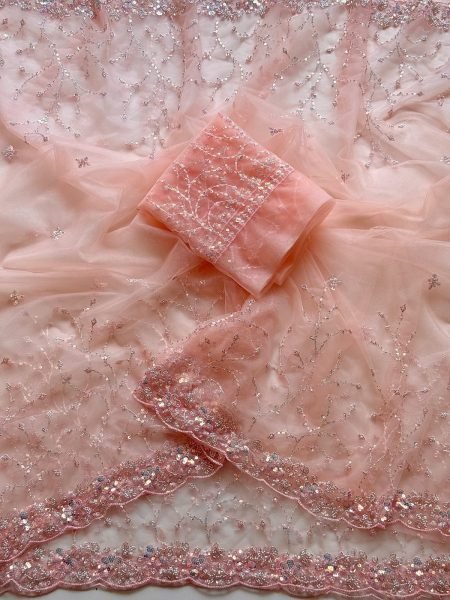Ornate Peach Soft Net Saree with Heavy Sequins and Beads Work for Wedding Wear Embroidery Sarees Wholesale
