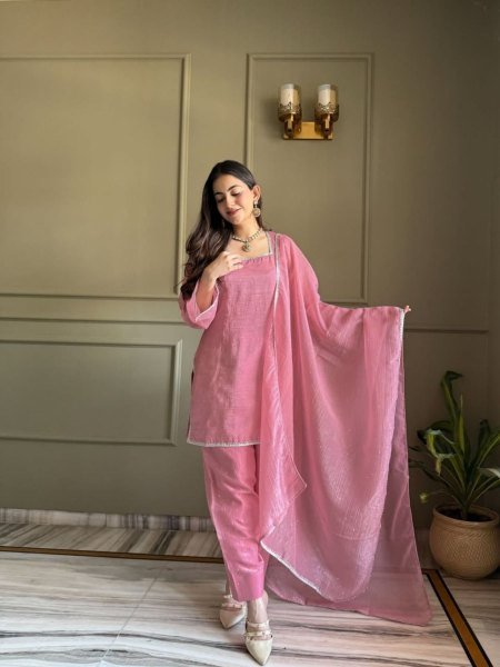 Ornate Pink Designer Crunchy Silk Kurti Set with Zardosi Work and Patiala Bottom 