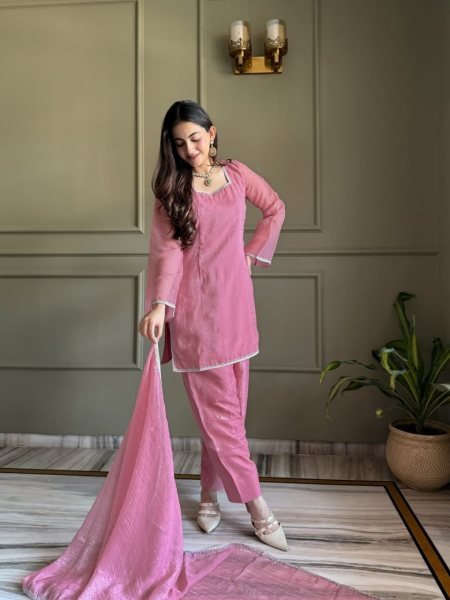 Ornate Pink Designer Crunchy Silk Kurti Set with Zardosi Work and Patiala Bottom 3 Piece Kurti Set
