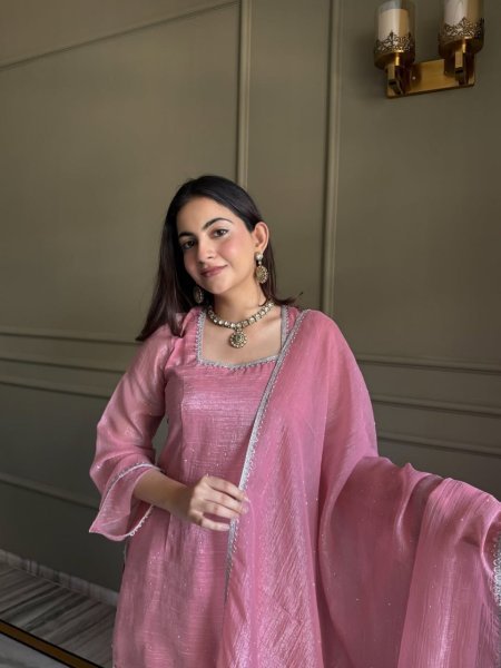 Ornate Pink Designer Crunchy Silk Kurti Set with Zardosi Work and Patiala Bottom 3 Piece Kurti Set