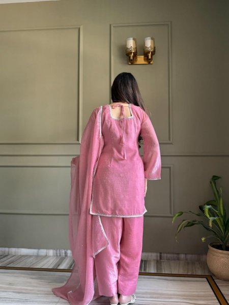 Ornate Pink Designer Crunchy Silk Kurti Set with Zardosi Work and Patiala Bottom 3 Piece Kurti Set