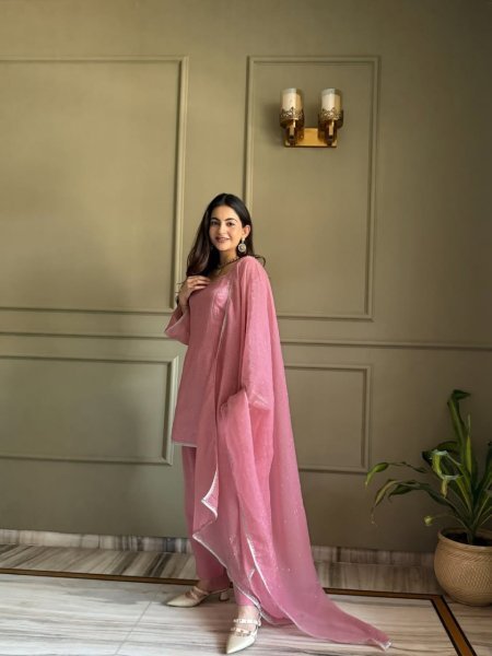Ornate Pink Designer Crunchy Silk Kurti Set with Zardosi Work and Patiala Bottom 3 Piece Kurti Set