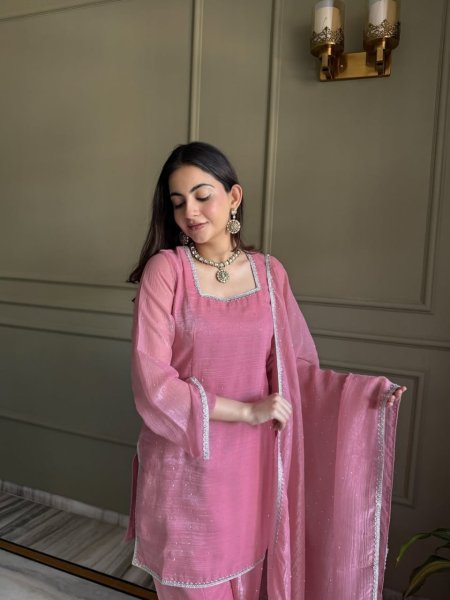 Ornate Pink Designer Crunchy Silk Kurti Set with Zardosi Work and Patiala Bottom 3 Piece Kurti Set