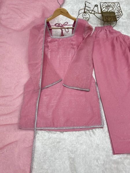 Ornate Pink Designer Crunchy Silk Kurti Set with Zardosi Work and Patiala Bottom 3 Piece Kurti Set