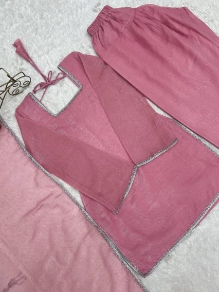Ornate Pink Designer Crunchy Silk Kurti Set with Zardosi Work and Patiala Bottom 3 Piece Kurti Set