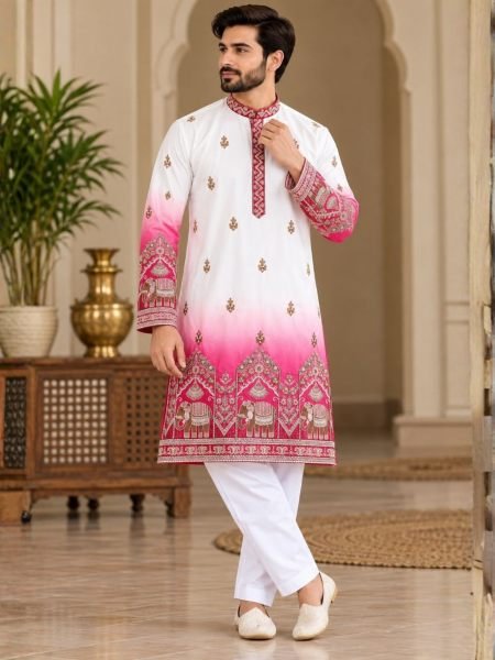 Ornate Pink Heavy Embroidered Men’s Malai Satin Kurta with Matching Pajama Kurta Pajama Wholesale