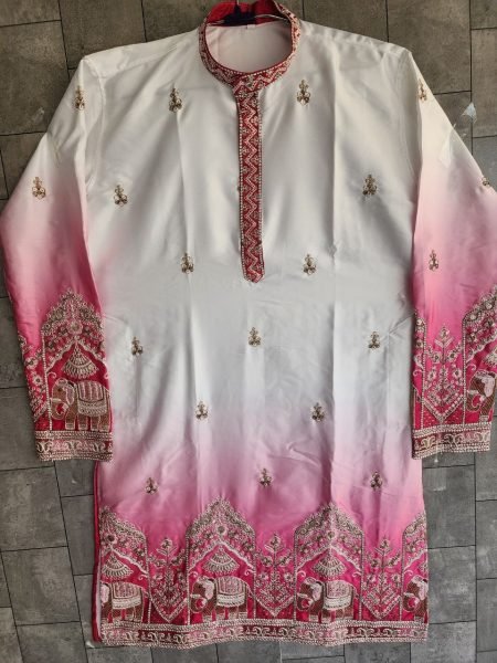 Ornate Pink Heavy Embroidered Men’s Malai Satin Kurta with Matching Pajama Kurta Pajama Wholesale