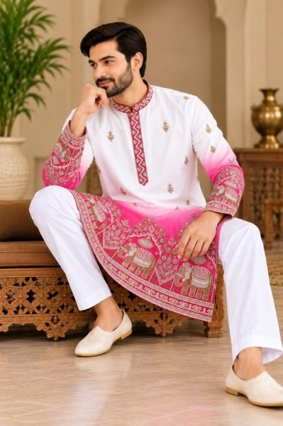Ornate Pink Heavy Embroidered Men’s Malai Satin Kurta with Matching Pajama Kurta Pajama Wholesale