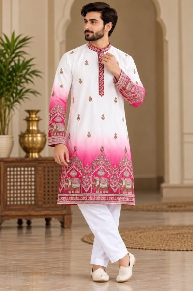 Ornate Pink Heavy Embroidered Men’s Malai Satin Kurta with Matching Pajama Kurta Pajama Wholesale