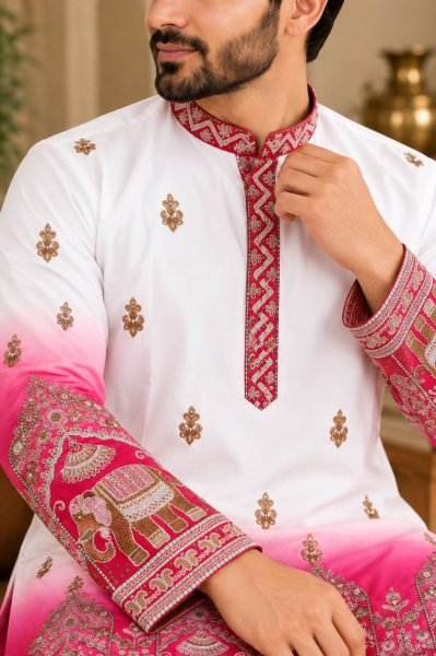 Ornate Pink Heavy Embroidered Men’s Malai Satin Kurta with Matching Pajama Kurta Pajama Wholesale