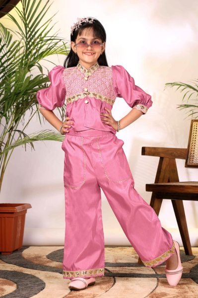 Ornate Pink Kids Cotton Blend Outfit with Ethnic Work for Casual Wear Girls Wear