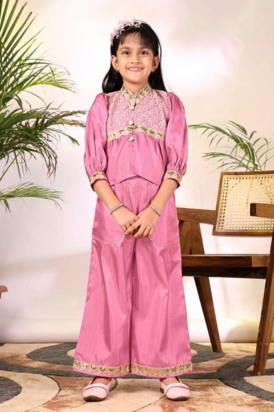Ornate Pink Kids Cotton Blend Outfit with Ethnic Work for Casual Wear Girls Wear