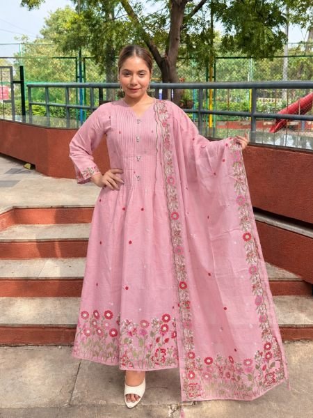 Ornate Pink Mul Chanderi Embroidered Suit with Scalloped Dupatta For Daily Wear Kurtis