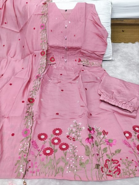 Ornate Pink Mul Chanderi Embroidered Suit with Scalloped Dupatta For Daily Wear Embroidery Kurtis 