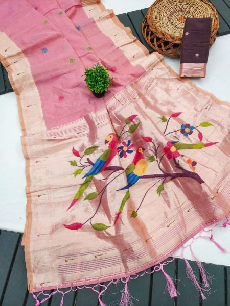 Ornate Pink Premium Muga Cotton Saree with Traditional Munia Zari Border Printed Cotton Sarees Wholesale