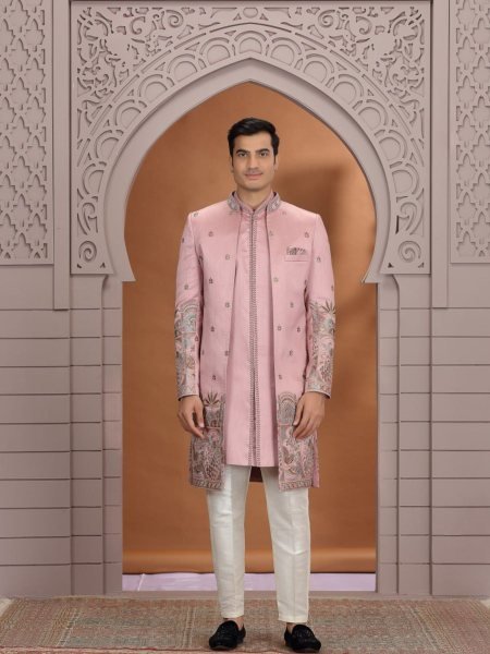 Ornate Pink Premium Party Wear Suit Set with Embroidered Bottom and Top Mens Wear